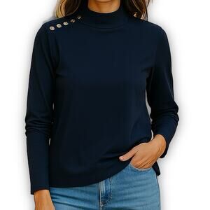 Isaac Mizrahi Navy Mock Neck Top Gold Buttons Classic Fit M